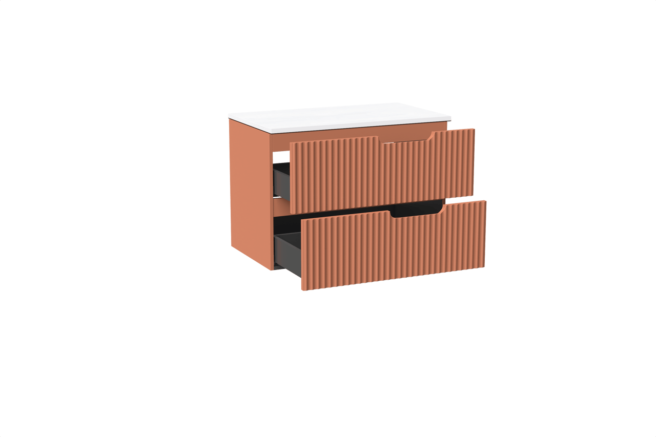 Linie Ribbo hängendes Möbelstück Set: 80 x 46 cm, Cotto, mit Lado Einzel Waschtischplatte, Marmorkomposit, Weiß glänzend, Vertikale symmetrische runde Rippe