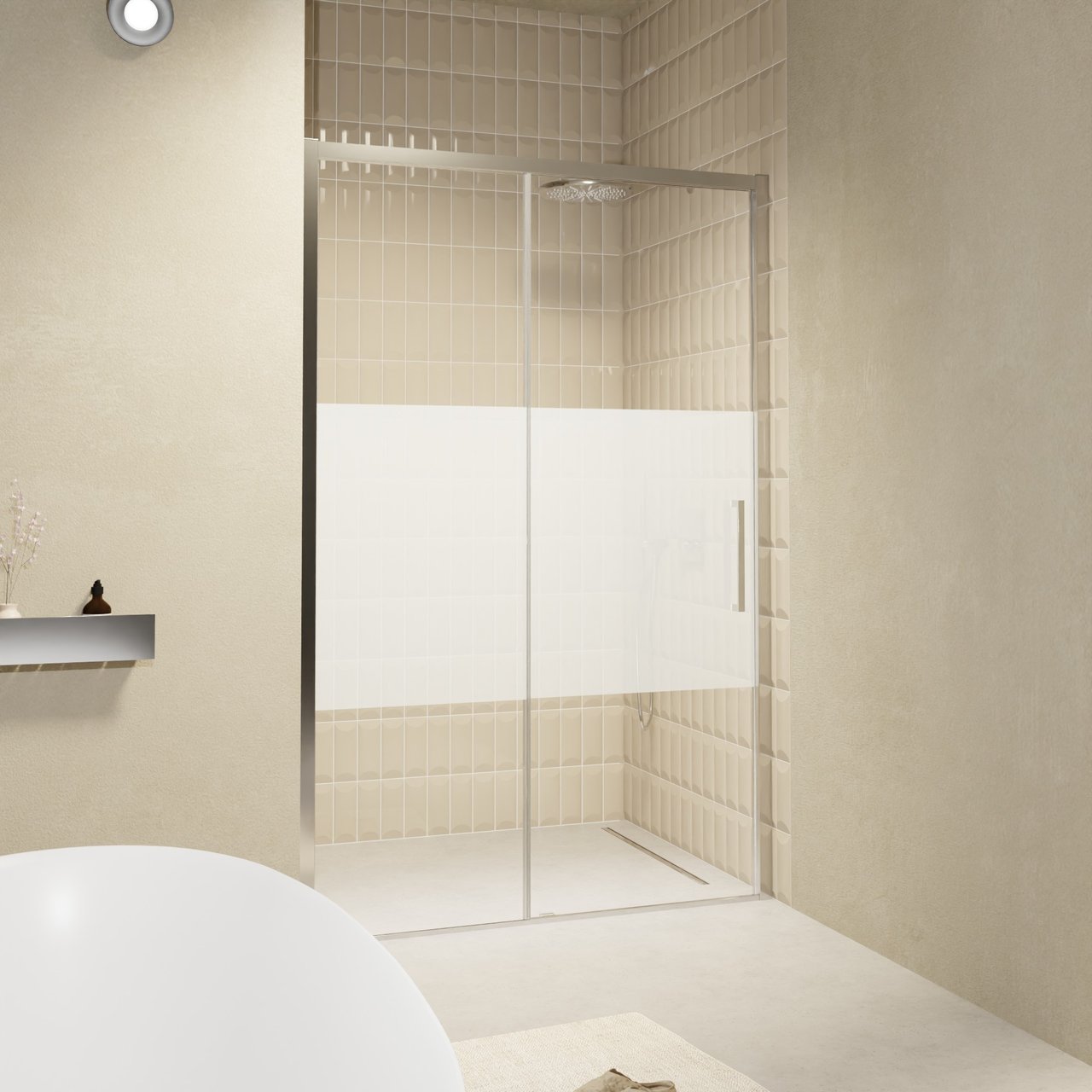 Balmani Senses Design porte coulissante à gauche 140 cm x 210 cm verre transparent avec bande mate, Profil chrome