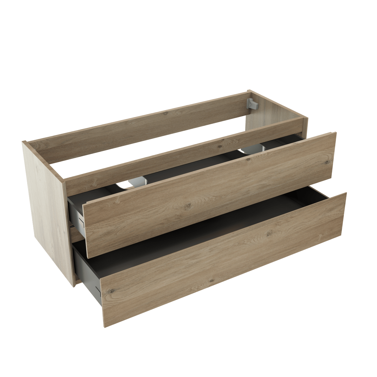 Storke Edge hängender Waschbeckenunterschrank: 120 x 46 cm, Eiche rustikal, 2 Schubladen, 2 Siphonaussparungen