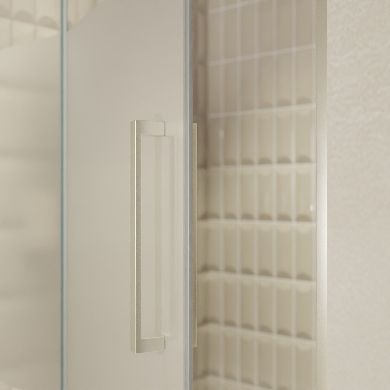 Balmani Senses Design Dusche Drehtür, Links, 120 cm x 210 cm, Klarglas mit mattiertem Streifen, Profil Brushed CoolMetal, inklusive Coating