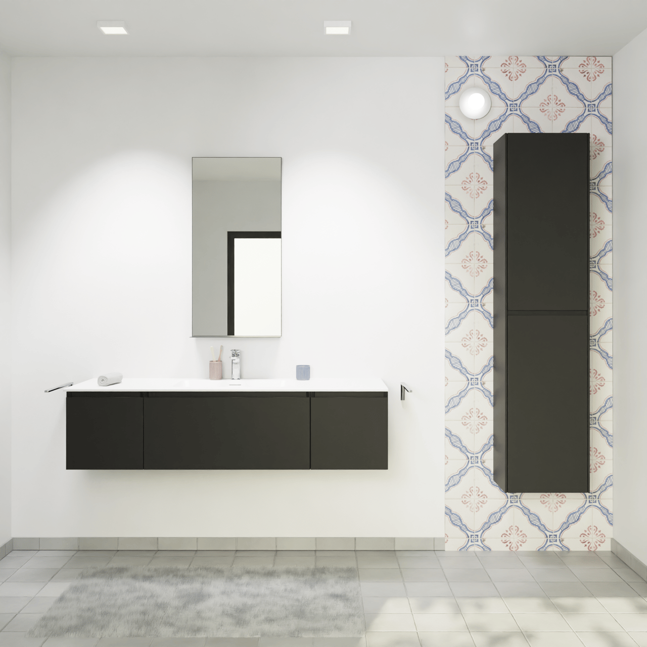 Storke Edge zwevend badkamermeubel 145 x 52 cm mat zwart met Mata enkele wastafel in solid surface mat wit