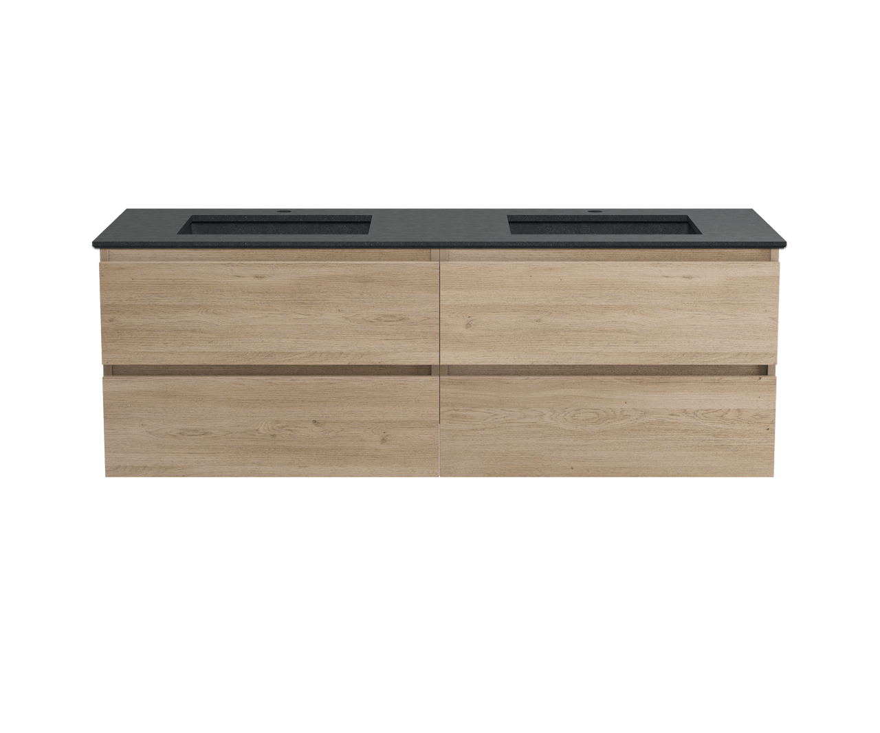 Balmani Lucida zwevend badkamermeubel 150 x 55 cm verweerde eik met Tablo Facetta dubbele wastafel in verzoete graniet