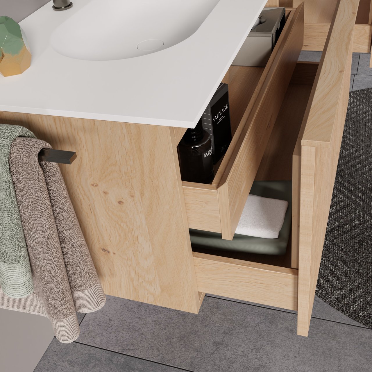 Balmani Forma hängendes Möbelstück Set: 180 x 55 cm, Naturbelassene Eiche, mit Tablo Oval Doppelwaschtisch, Solid Surface, Weiß matt, Vertikale symmetrische gerade Rippe