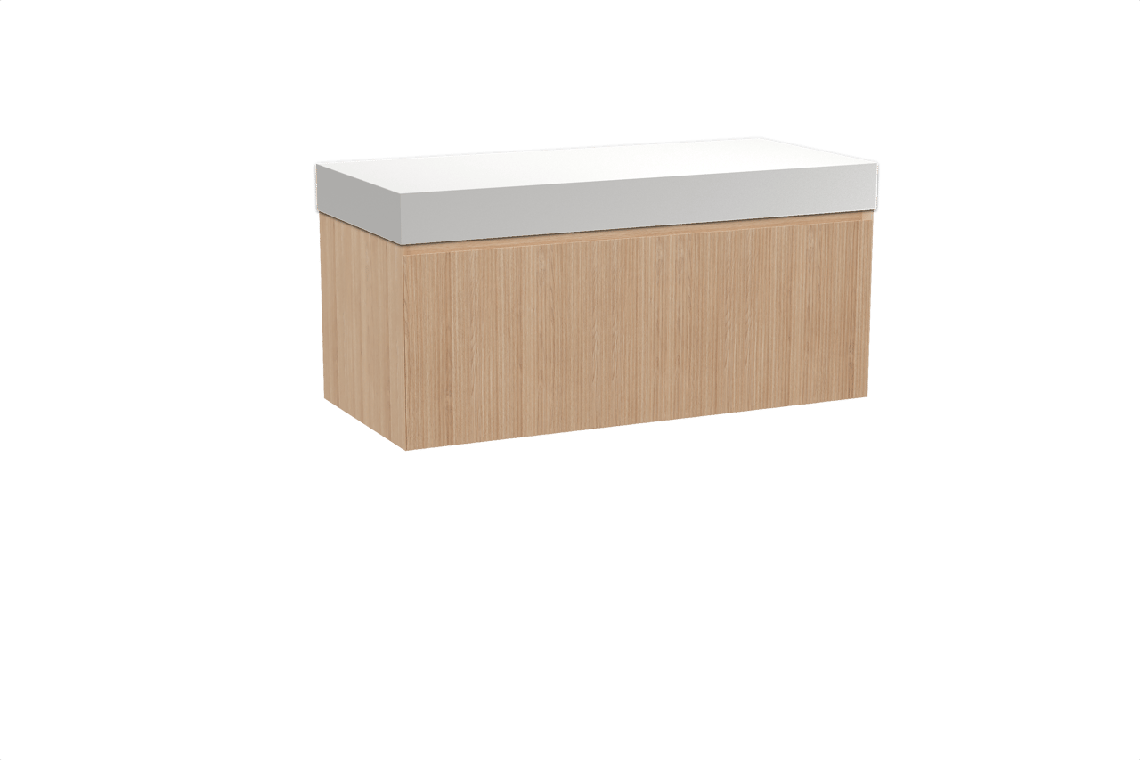 Balmani Fila meuble salle de bains suspendu 120 x 55 cm chêne naturel avec Dominus tablette simple ou double en solid surface blanc mat, Nervure droite symétrique verticale