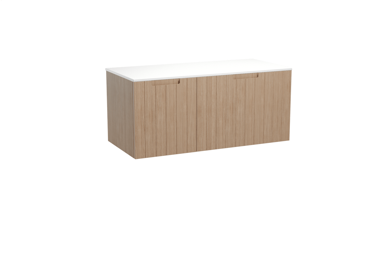 Balmani Adagio zwevend badmeubel 120 x 55 cm verweerd eiken met Stretto enkel of dubbel wastafelblad in solid surface mat wit