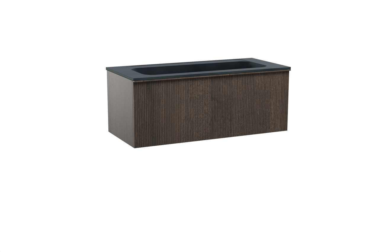 Balmani Forma zwevend badkamermeubel 120 x 55 cm gerookte eik met Tablo Strada enkele wastafel voor 2 kraangaten in composietmarmer mat zwart, Verticale symmetrische rechte ribbel