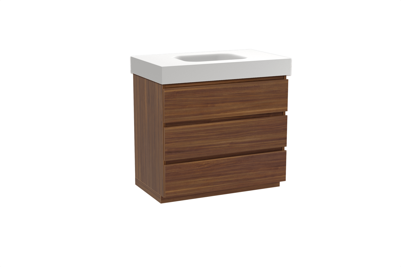 Balmani Lucida meuble salle de bains à poser 90 x 55 cm noyer américain avec Arcato plan simple en solid surface blanc mat