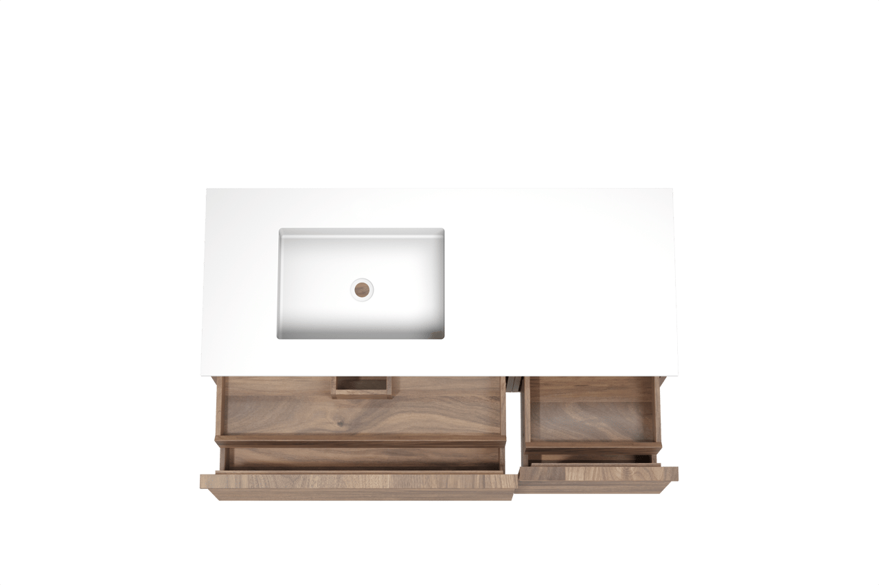 Balmani Forma hängendes Möbelstück Set: 135 x 55 cm, Amerikanischer Nussbaum, mit Tablo Stretto Waschtisch links, Solid Surface, Weiß matt, Horizontale symmetrische gerade Rippe