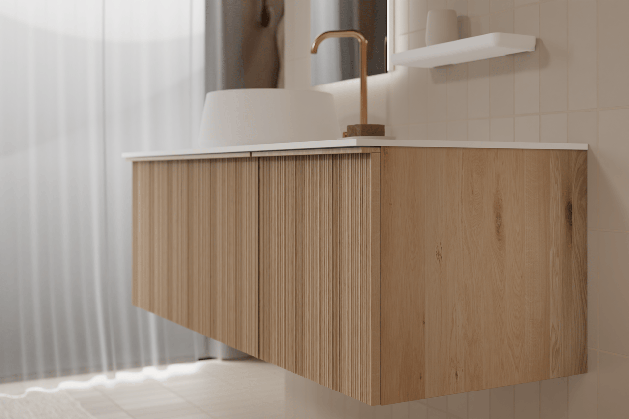 Balmani Forma zwevende wastafelonderkast 75 x 55 cm natuur eik 2 lades vert. asym. groef