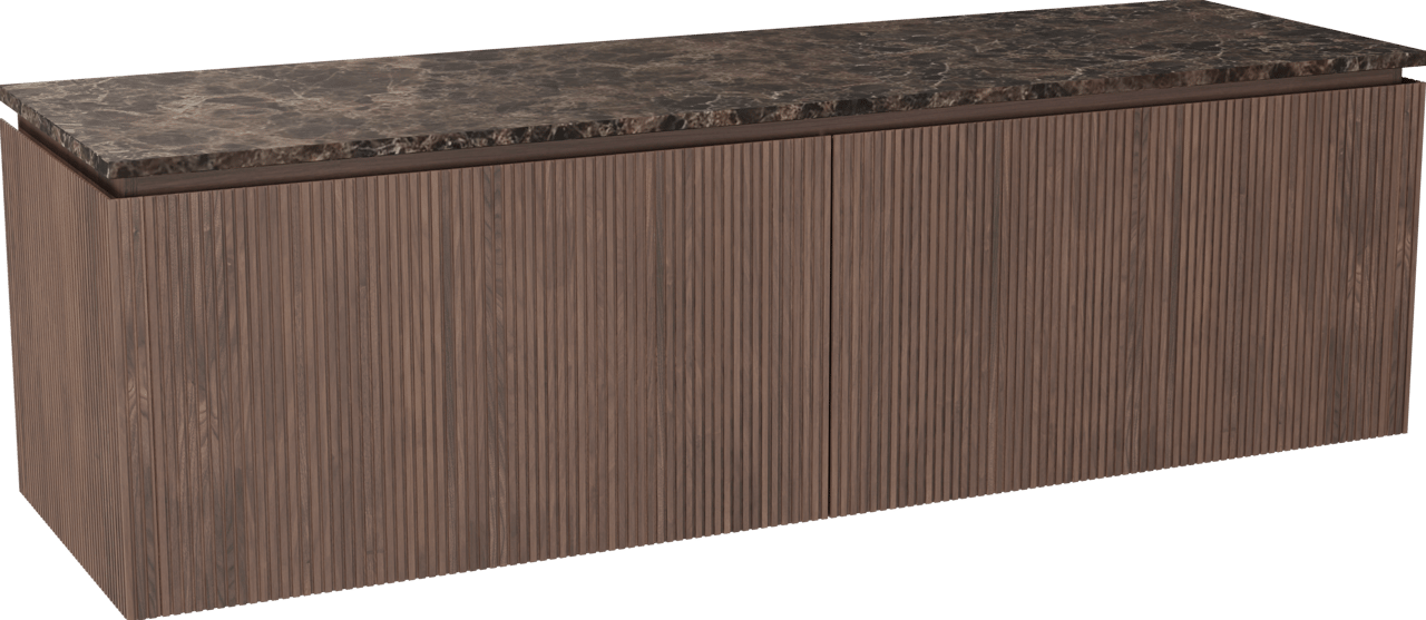 Balmani Eclips meuble salle de bains suspendu 180 x 55 cm Noyer américain avec Stretto tablette simple ou double en Dark Emperador marbre, Nervure droite symétrique verticale