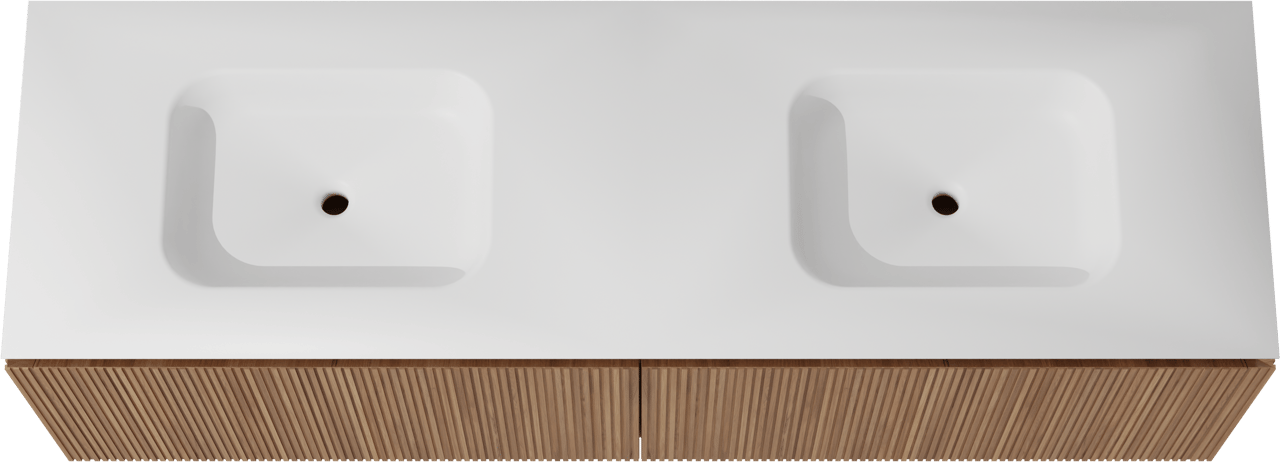 Balmani Eclips meuble salle de bains suspendu 180 x 55 cm Teck avec Eclips double vasque en Solid Surface blanc mat, Nervure droite symétrique verticale
