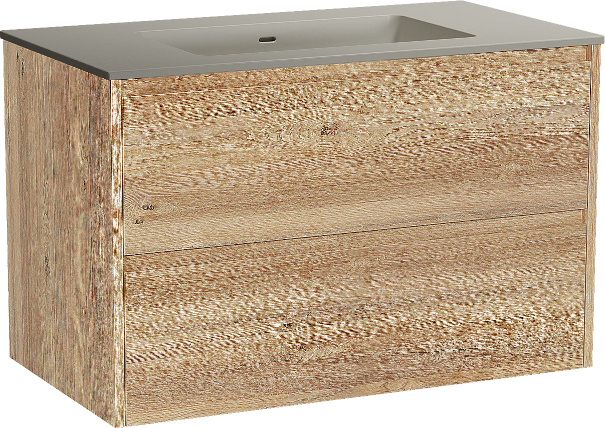 Storke Seda zwevend badmeubel 95 x 52 cm ruw eiken met Diva enkele wastafel in top solid zijdegrijs