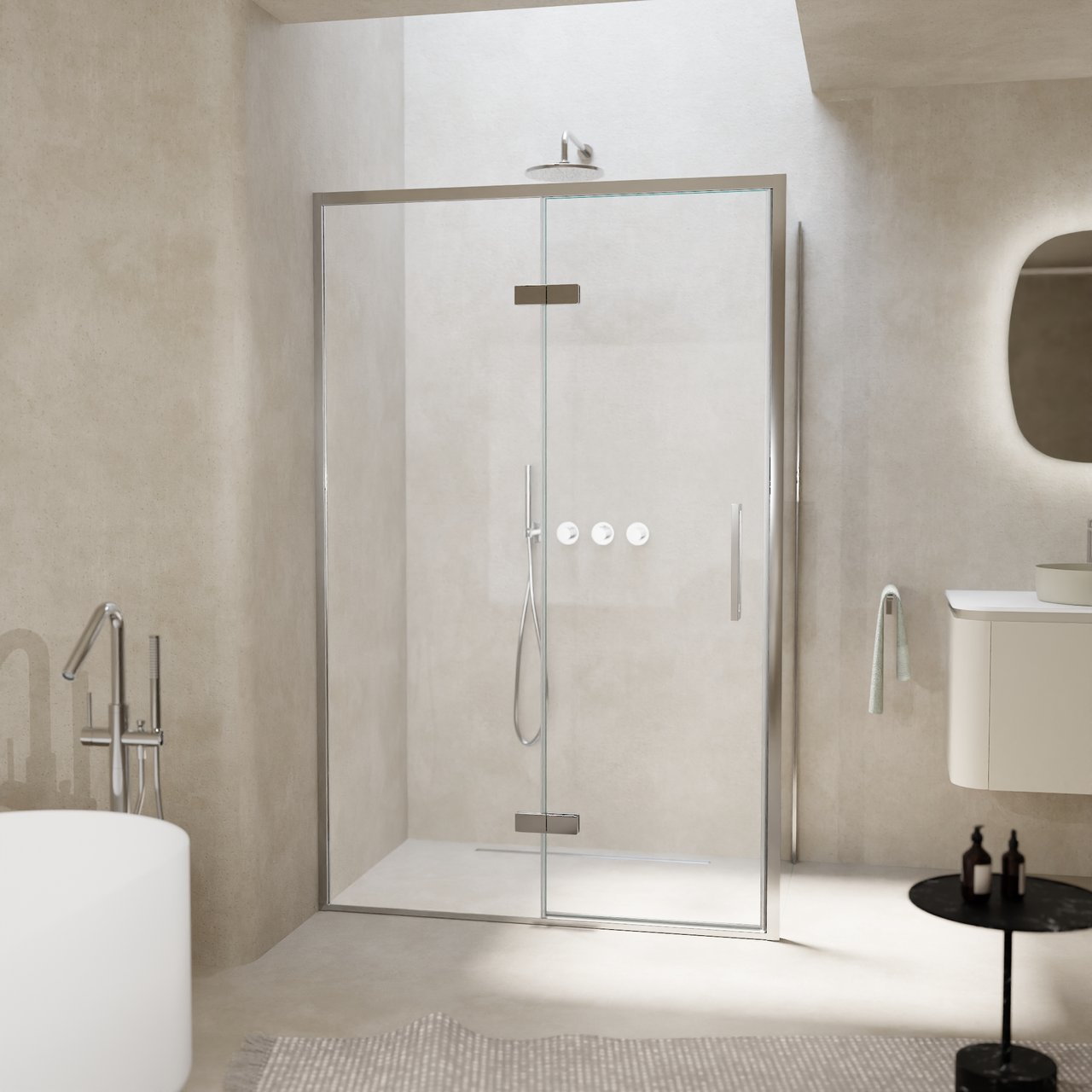 Balmani Senses Design Eckdusche: Drehtür (Links) mit fixierte Seitenwand, 120 x 80 cm, Klarglas, Profil Chrom