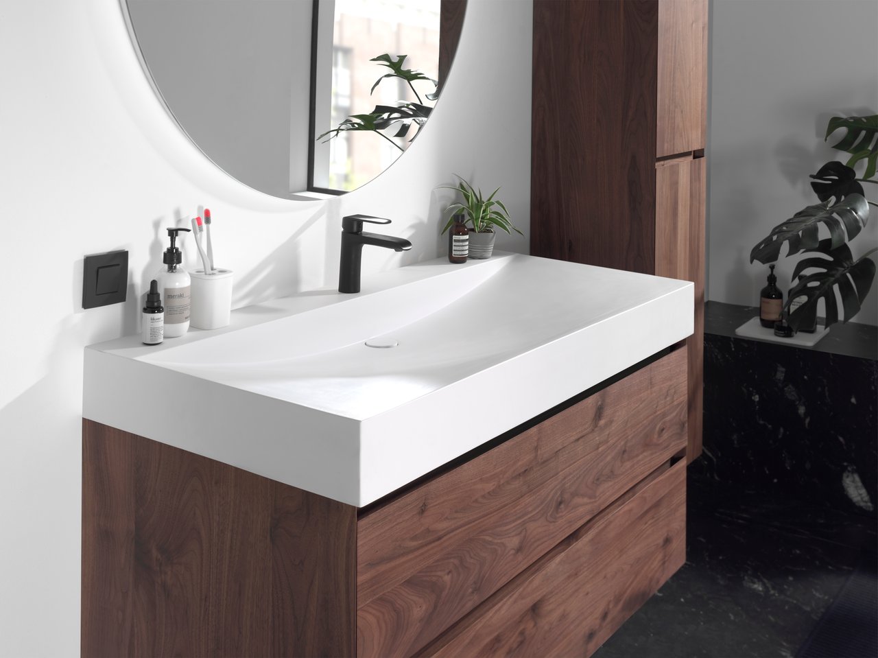 Balmani Wave Einzelwaschtisch für 2 Armaturenlöcher, Solid Surface matt, 120 x 55 cm