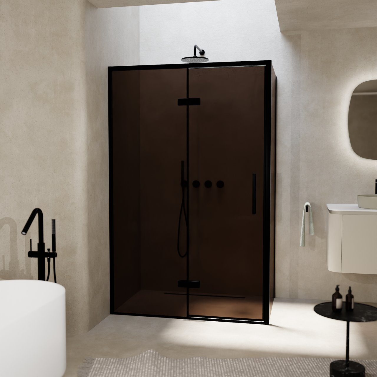 Balmani Senses Design Eckdusche: Drehtür (Links) mit fixierte Seitenwand, 120 x 80 cm, Bronze, Profil Schwarz, inklusive Coating