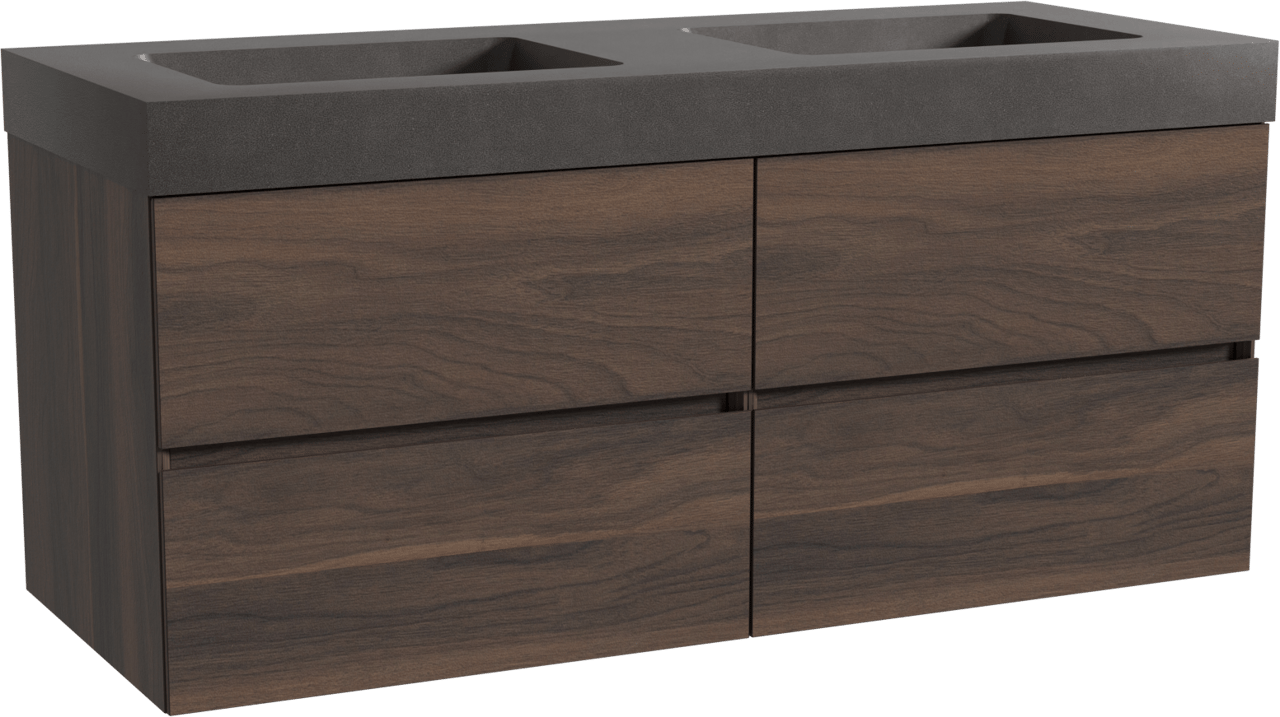 Storke Edge meuble salle de bains suspendu 130 x 52 cm noyer avec Scuro High double vasque en quartz noir mat