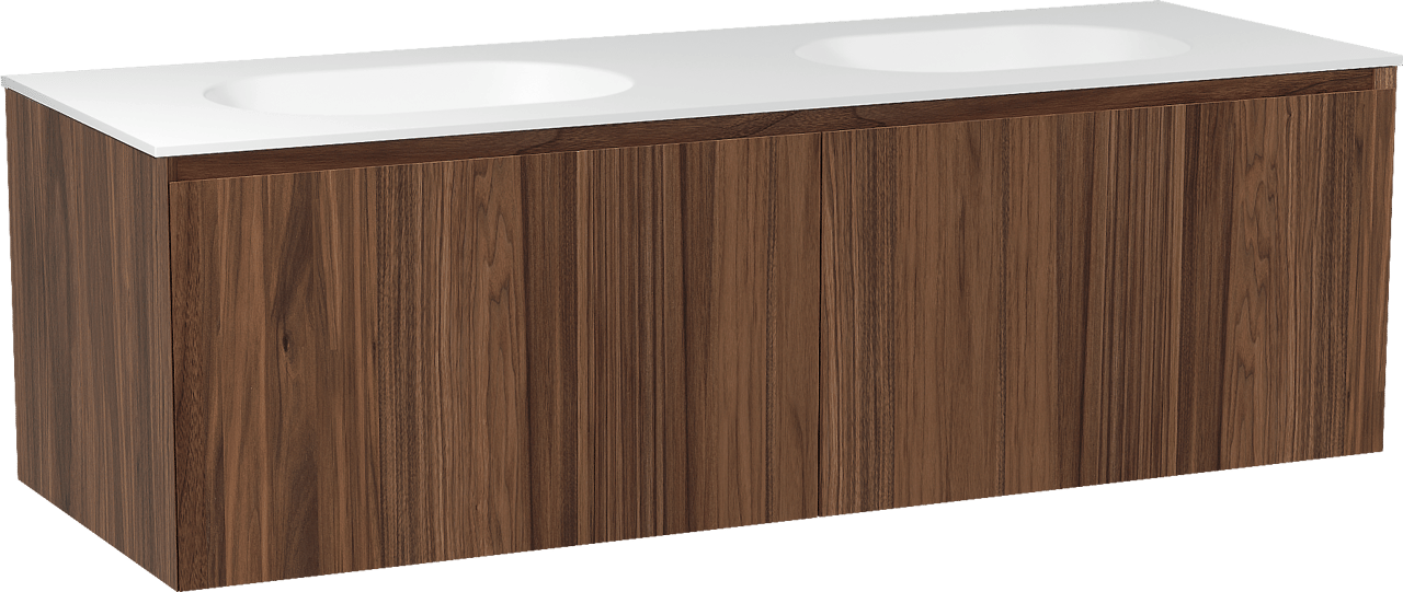 Balmani Idra meuble salle de bains suspendu 150 x 55 cm noyer avec Tablo Oval double vasque en solid surface blanc mat