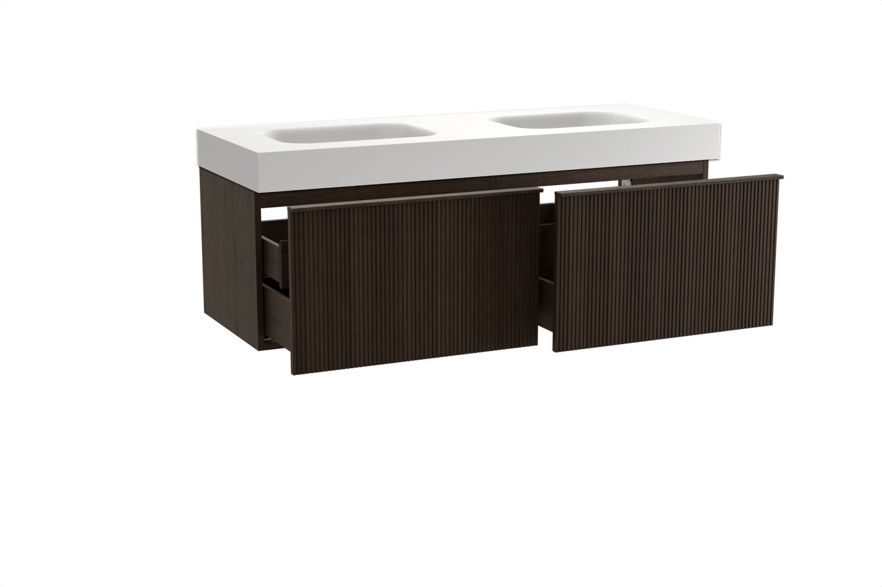 Balmani Forma hängendes Möbelstück Set: 150 x 55 cm, Geräucherte Eiche, mit Arcato Doppelwaschtisch, Solid Surface, Weiß matt, Vertikale symmetrische gerade Rippe