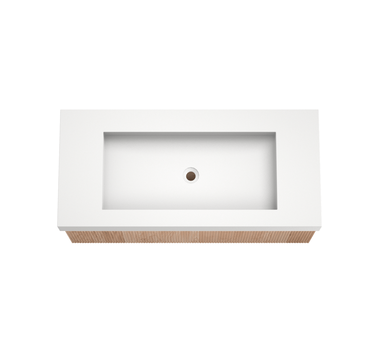 Balmani Forma hängendes Möbelstück Set: 120 x 55 cm, Naturbelassene Eiche, mit Modus Einzelwaschtisch für 2 Armaturenlöcher, Solid Surface, Weiß matt, Vertikale symmetrische gerade Rippe