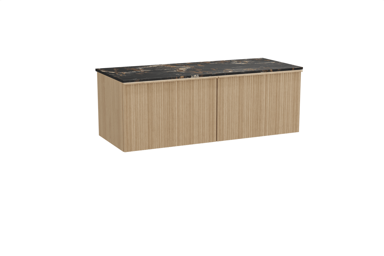 Balmani Forma zwevend badkamermeubel 135 x 55 cm natuur eik met Stretto enkel of dubbel tablet in marmer portoro gold, Verticale asymmetrische ronde ribbel