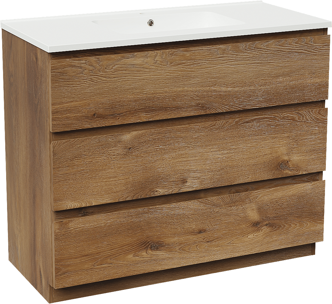 Linie Lado freistehendes Möbelstück Set: 100 x 46 cm, Braune Eiche, mit Vano Einzelwaschtisch, Marmorkomposit Weiß matt