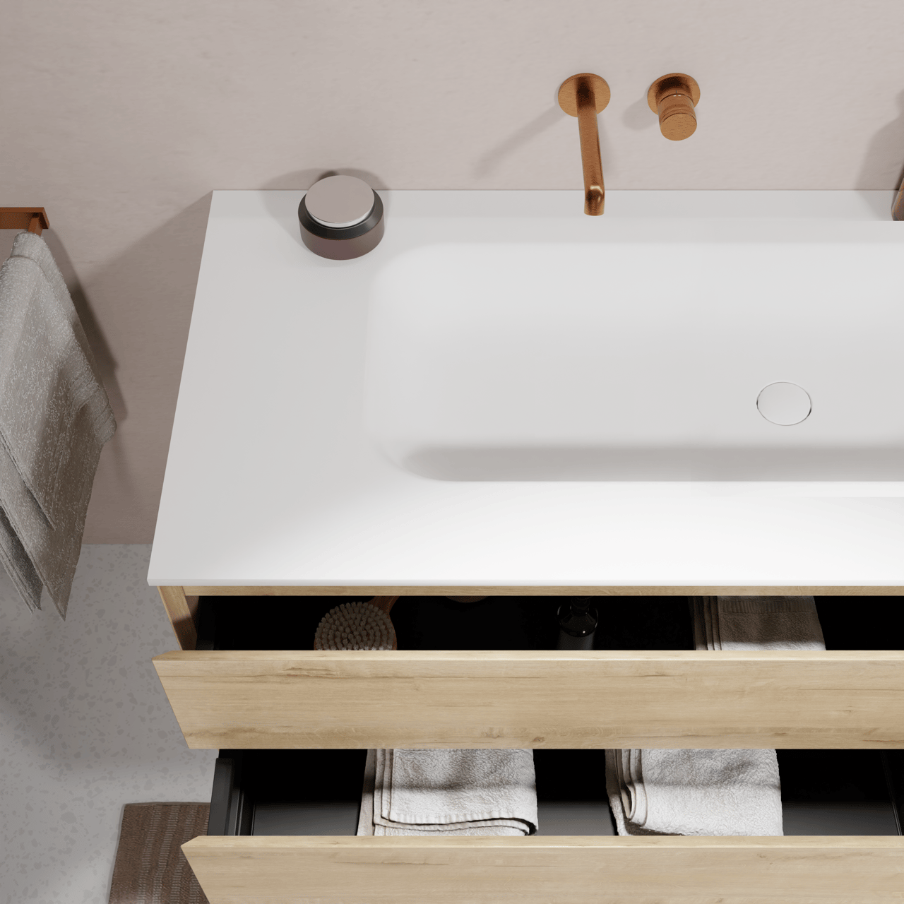 Balmani Mitra meuble salle de bains suspendu 120 x 55 cm chêne brut avec Tablo Arcato lavabo simple pour 2 trous de robinet en solid surface blanc mat
