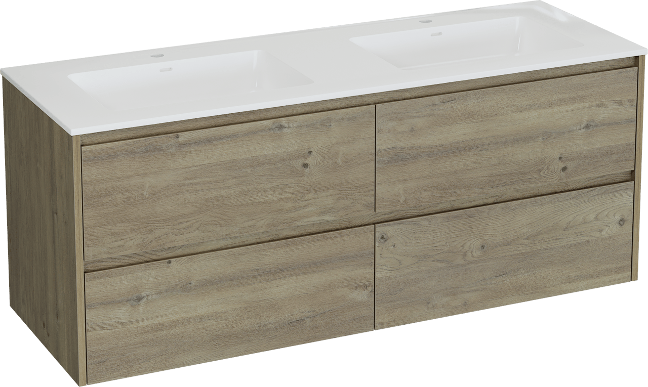 Storke Seda meuble salle de bains suspendu 150 x 52 cm chêne brut avec Bilia double vasque en marbre composite blanc brillant