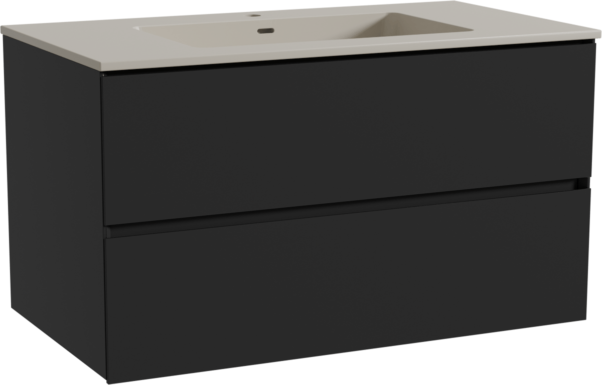 Storke Edge zwevend badmeubel 95 x 52 cm mat zwart met Diva enkele wastafel in top solid zijdegrijs