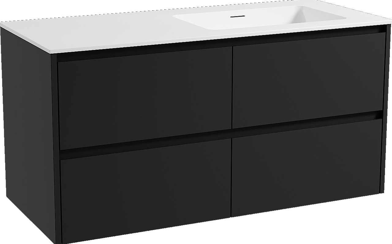 Storke Seda meuble salle de bains suspendu 120 x 52 cm noir mat avec Mata vasque asymétrique droite en solid surface blanc mat