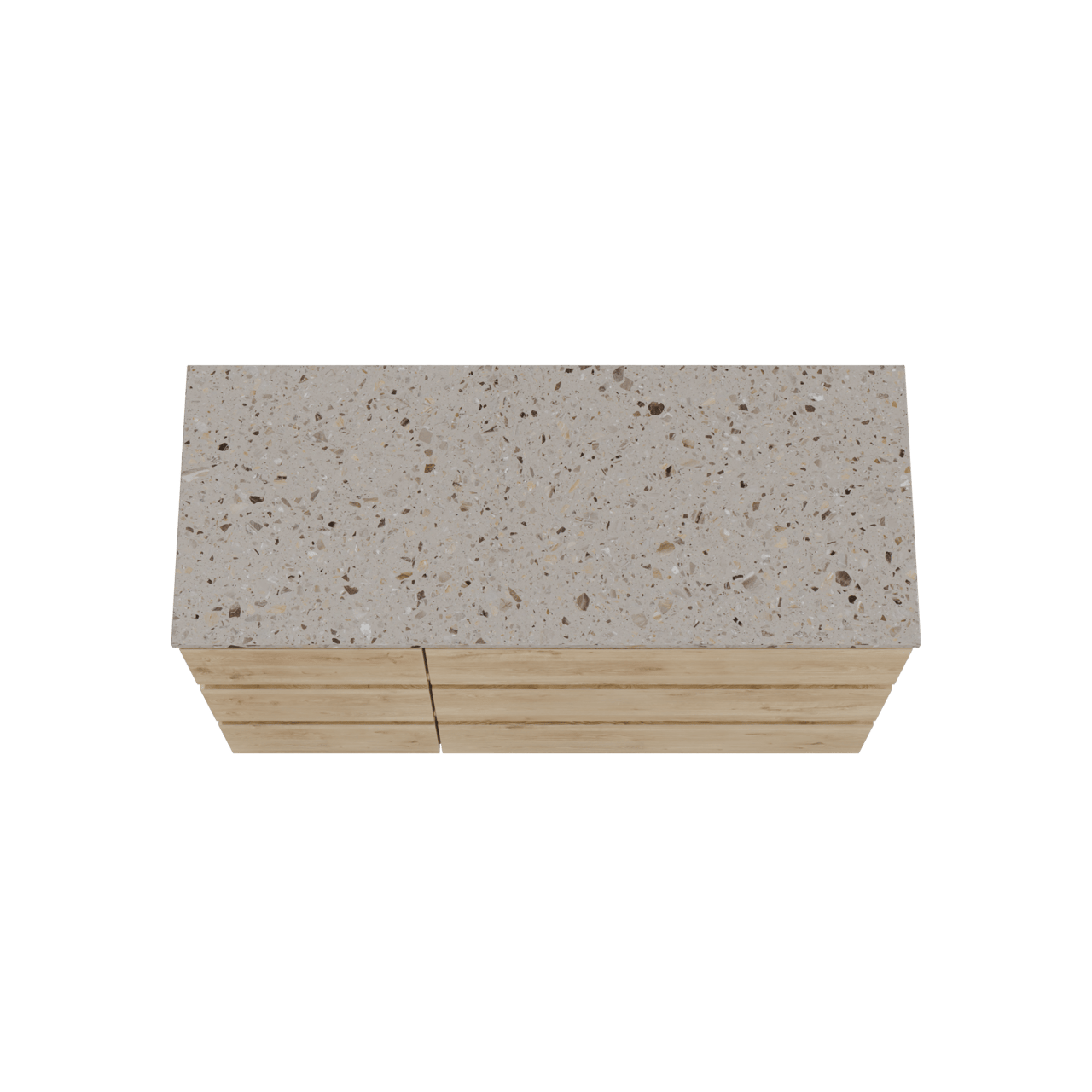 Balmani Lucida freistehendes Möbelstück Set: 135 x 55 cm, Rohe Eiche, mit Stretto Einzel- oder Doppel Waschtischplatte, Terrazzo in Greige