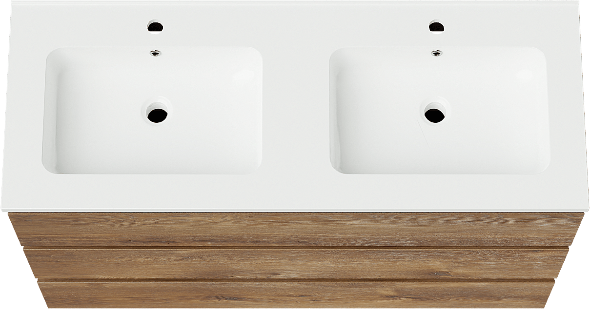 Linie Lado freistehendes Möbelstück Set: 120 x 46 cm, Braune Eiche, mit Vano Doppelwaschtisch, Marmorkomposit Weiß glänzend