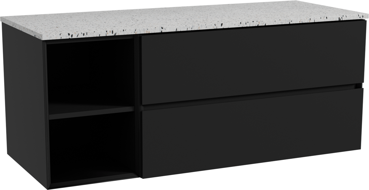 Storke Edge zwevend badkamermeubel 130 x 52 cm mat zwart met Tavola enkel of dubbel tablet in mat wit/zwart terrazzo