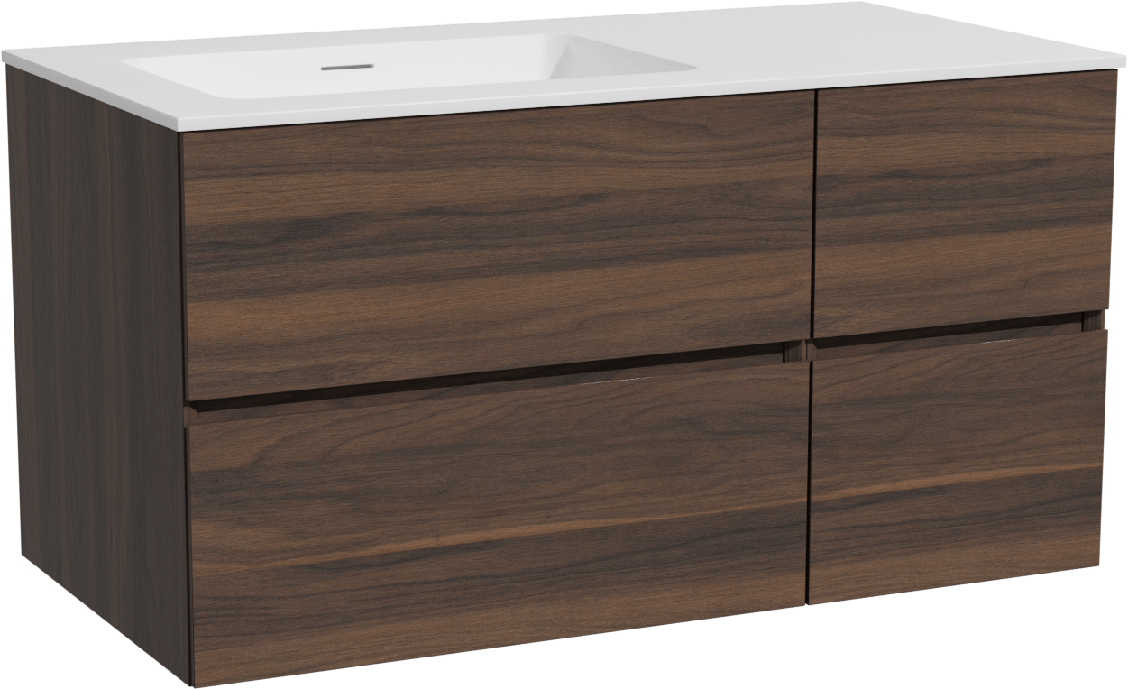 Storke Edge hängendes Möbelstück Set: 100 x 52 cm, Nussbaum, mit Mata Waschtisch links, Solid Surface Weiß matt