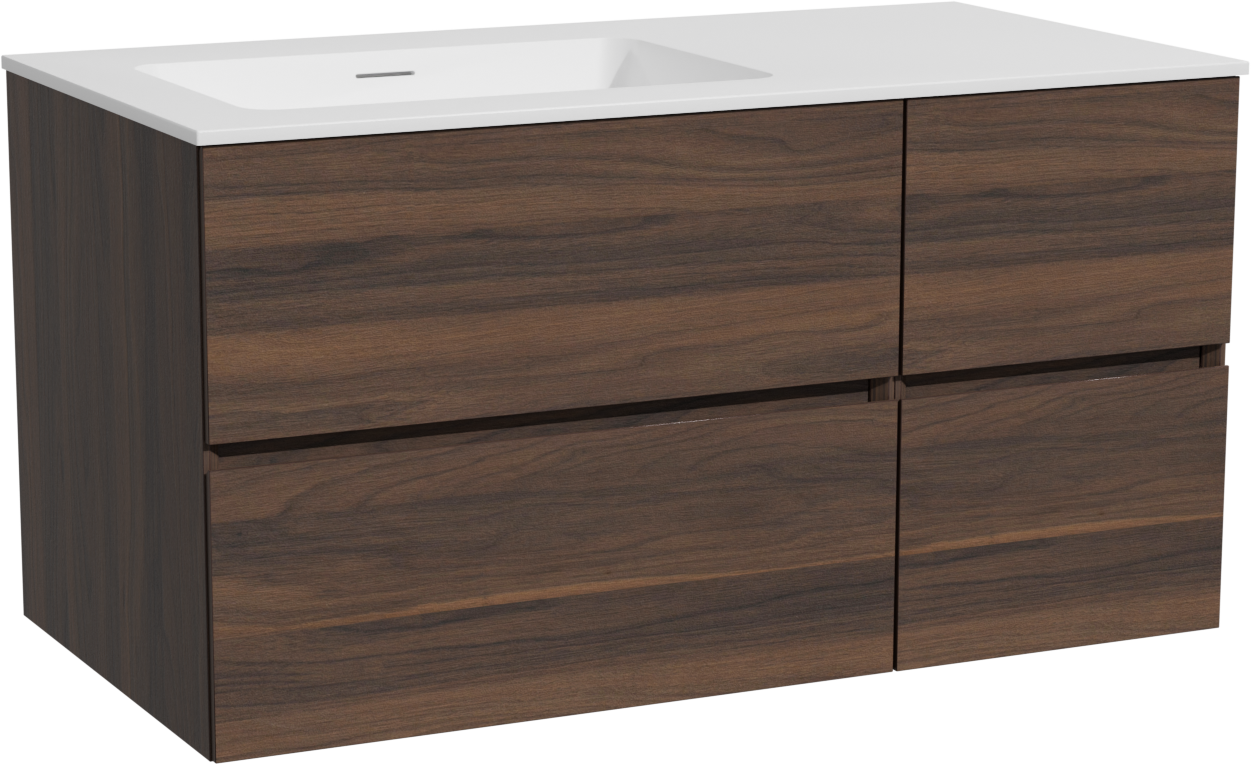 Storke Edge hängendes Möbelstück Set: 100 x 52 cm, Nussbaum, mit Mata Waschtisch links, Solid Surface Weiß matt