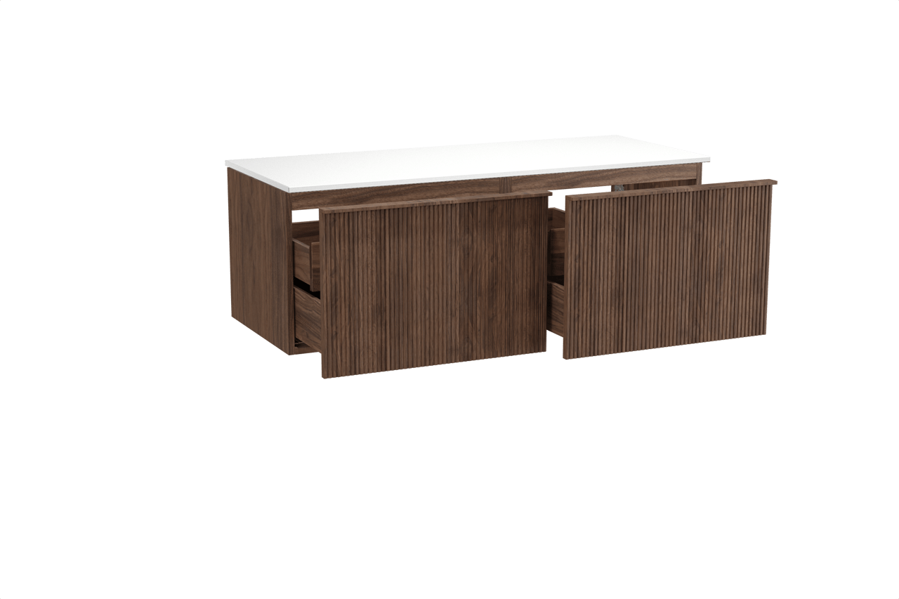 Balmani Forma zwevend badkamermeubel 135 x 55 cm amerikaanse notelaar met Stretto enkel of dubbel tablet in solid surface mat wit, Verticale symmetrische rechte ribbel