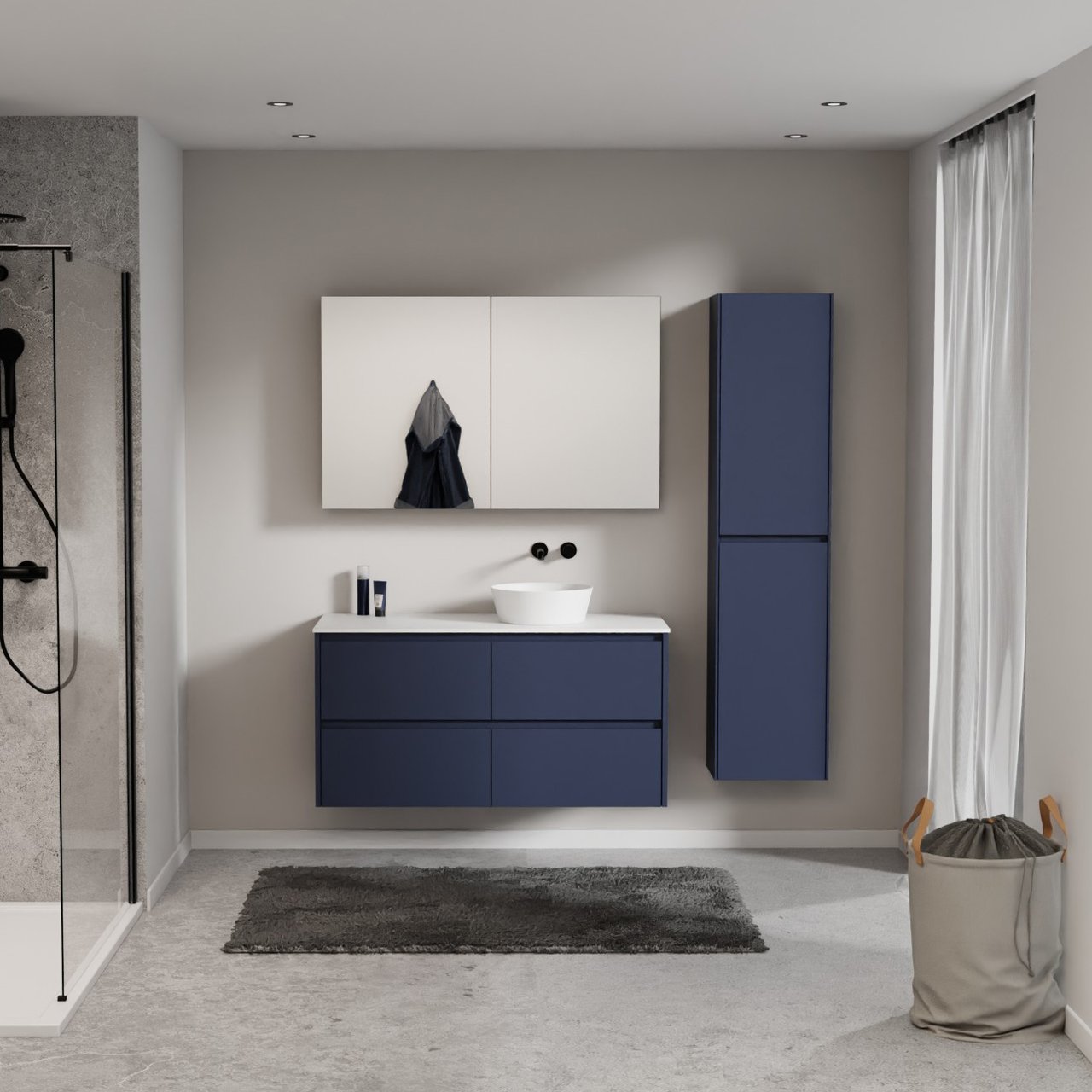 Storke Seda meuble salle de bains suspendu 120 x 52 cm bleu nuit avec Tavola tablette simple ou double en solid surface blanc mat