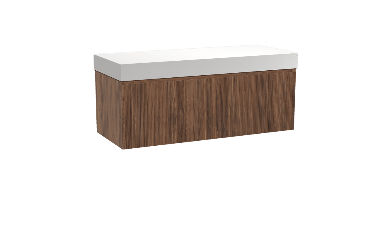 Balmani Fila zwevend badmeubel 135 x 55 cm notenhout met Dominus enkel of dubbel wastafelblad in solid surface mat wit, Verticale symmetrische rechte ribbel