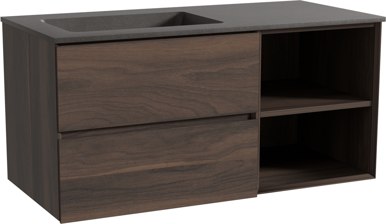 Storke Edge zwevend badkamermeubel 110 x 52 cm notelaar met Scuro asymmetrisch linkse wastafel in kwarts mat zwart