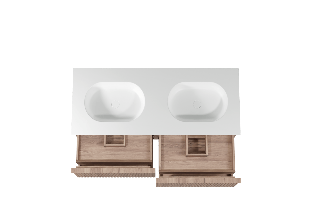 Balmani Forma zwevend badkamermeubel 135 x 55 cm teak met Tablo Oval dubbele wastafel in solid surface mat wit, Verticale symmetrische rechte ribbel