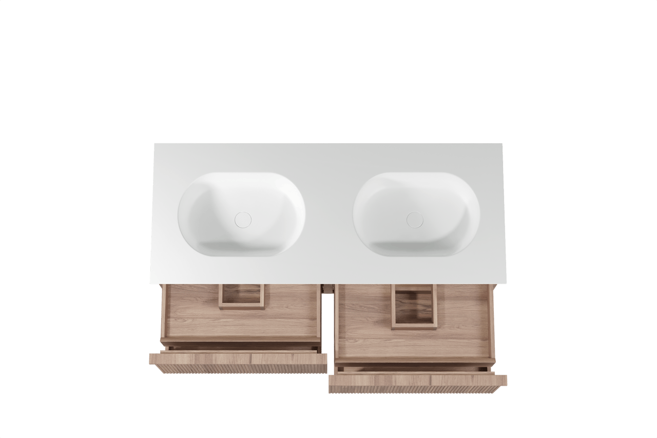 Balmani Forma hängendes Möbelstück Set: 135 x 55 cm, Teak, mit Tablo Oval Doppelwaschtisch, Solid Surface, Weiß matt, Vertikale symmetrische gerade Rippe