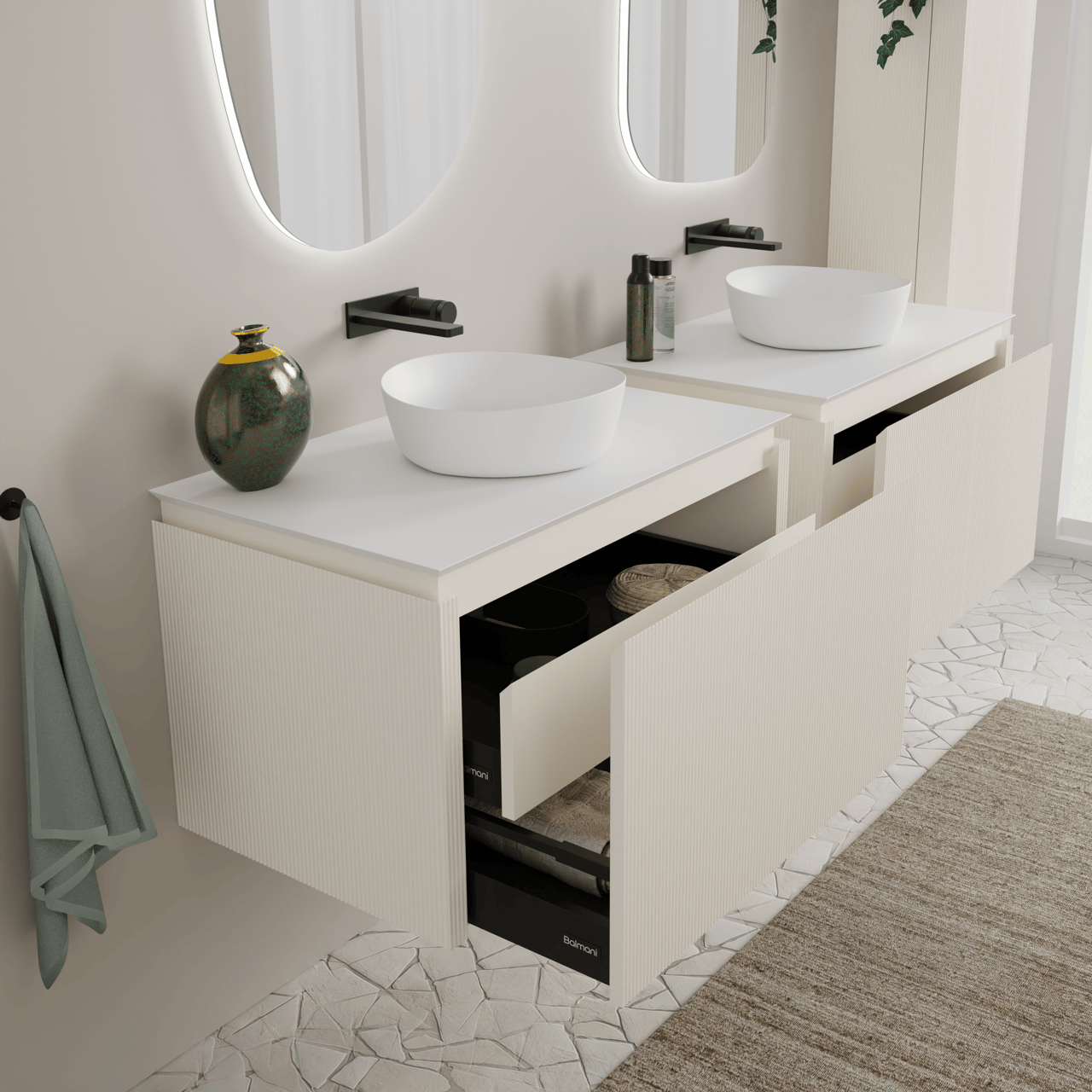 Balmani Eclips meuble salle de bains suspendu 90 x 55 cm Sandbeige avec Eclips tablette simple en Solid Surface blanc mat, Nervure droite symétrique verticale