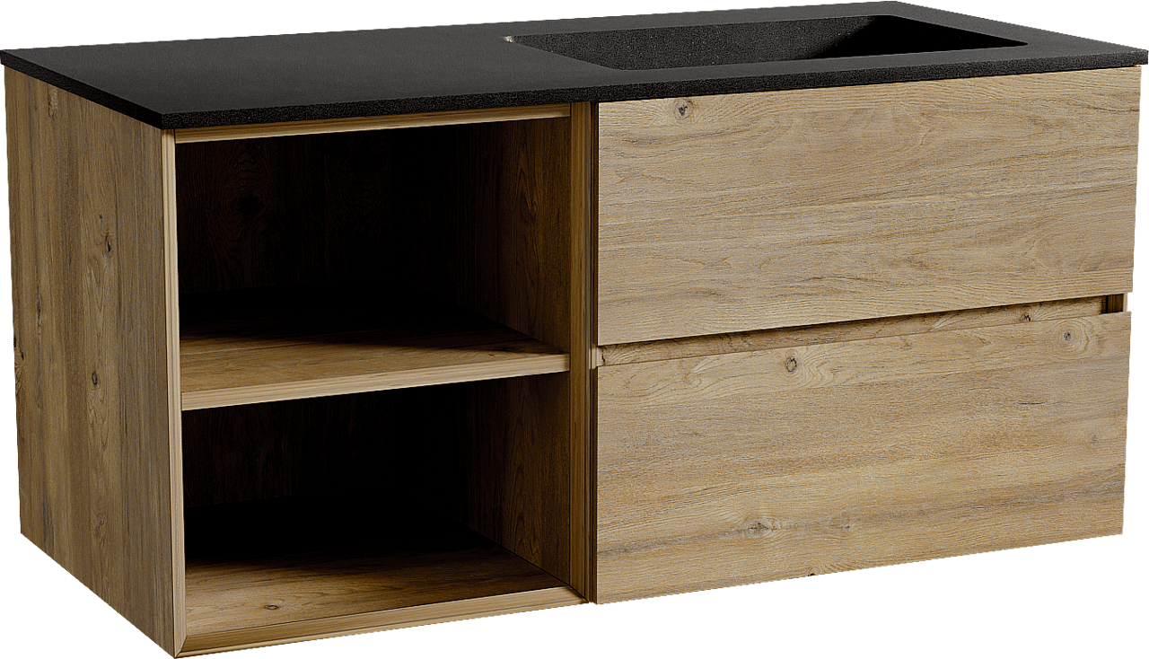Storke Edge meuble salle de bains suspendu 110 x 52 cm chêne brut avec Scuro plan vasque asymétrique à droite en quartz noir mat