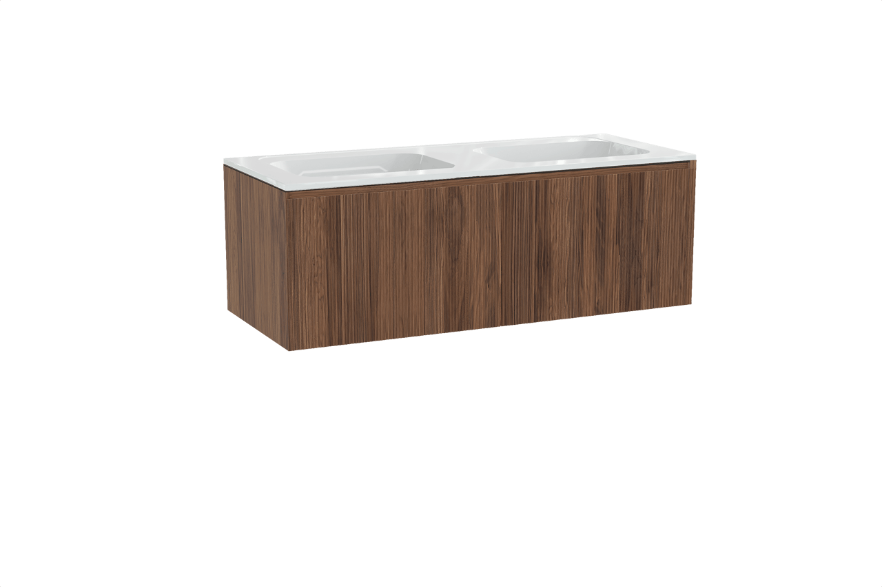 Balmani Fila hängendes Möbelstück Set: 135 x 55 cm, Nussbaum, mit Tablo Strada Doppelwaschtisch, Marmorkomposit, Weiß glänzend, Vertikale symmetrische gerade Rippe