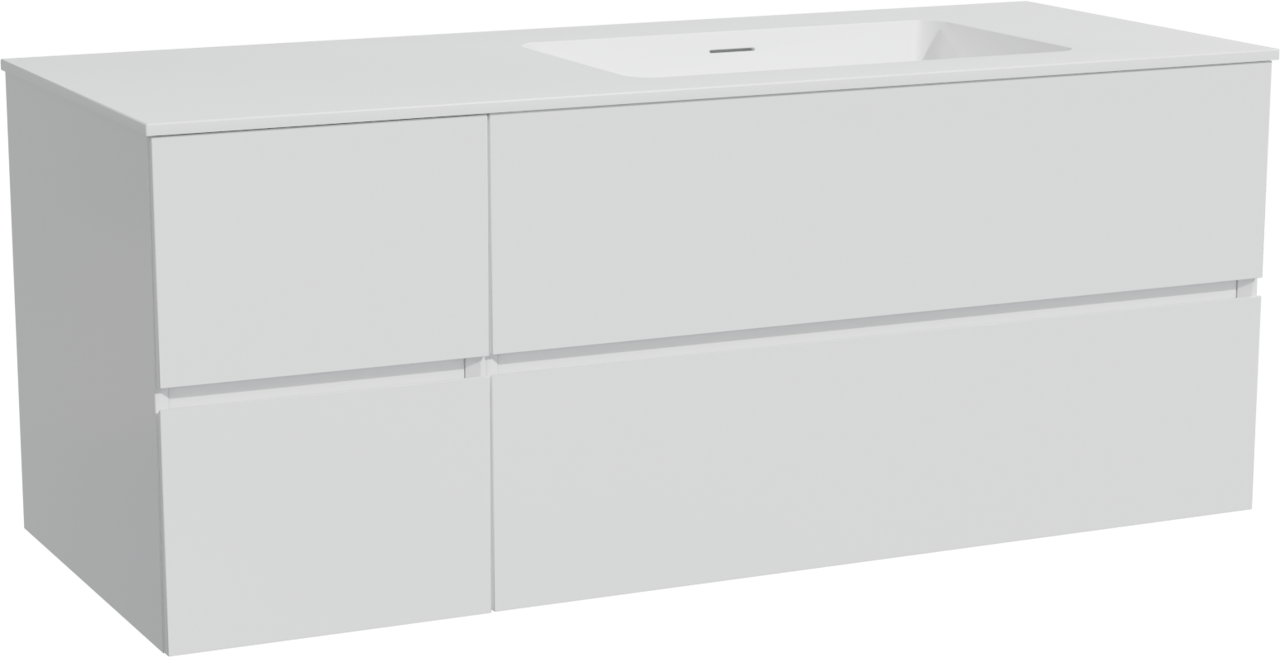 Storke Edge meuble salle de bains suspendu 130 x 52 cm blanc brillant avec Mata plan vasque asymétrique à droite en solid surface blanc mat