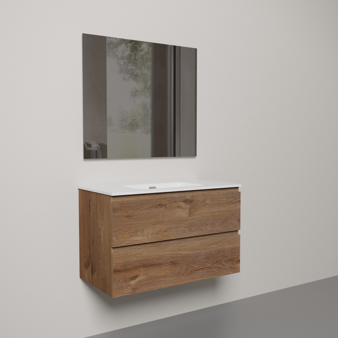 Linie Lado meuble de salle de bains suspendu 90 x 46 cm chêne brun avec Baro plan simple en porcelaine blanc brillant et Soto miroir