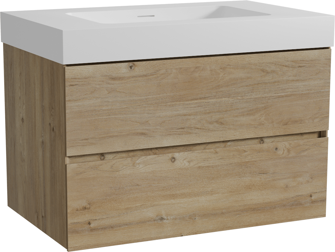 Storke Edge zwevend badmeubel 85 x 52 cm ruw eiken met Mata High enkele wastafel in solid surface mat wit