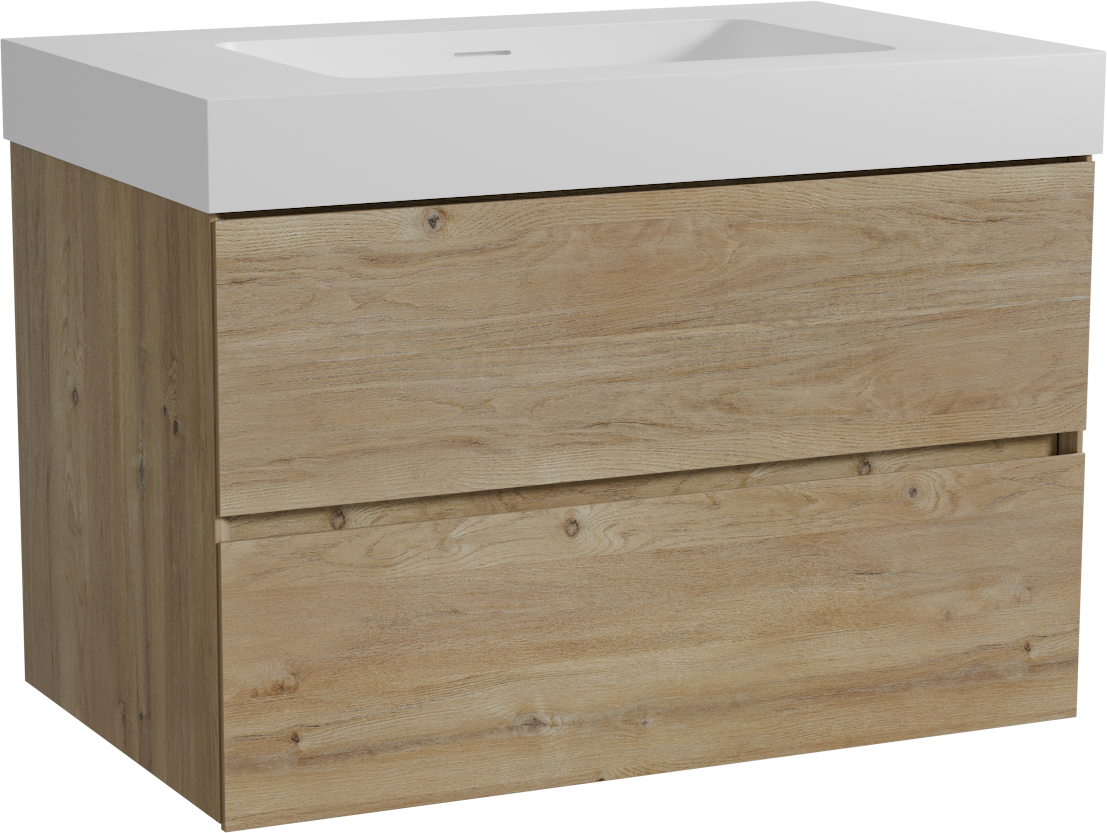 Storke Edge hängendes Möbelstück Set: 85 x 52 cm, Rohe Eiche, mit Mata High Einzelwaschtisch, Solid Surface Weiß matt