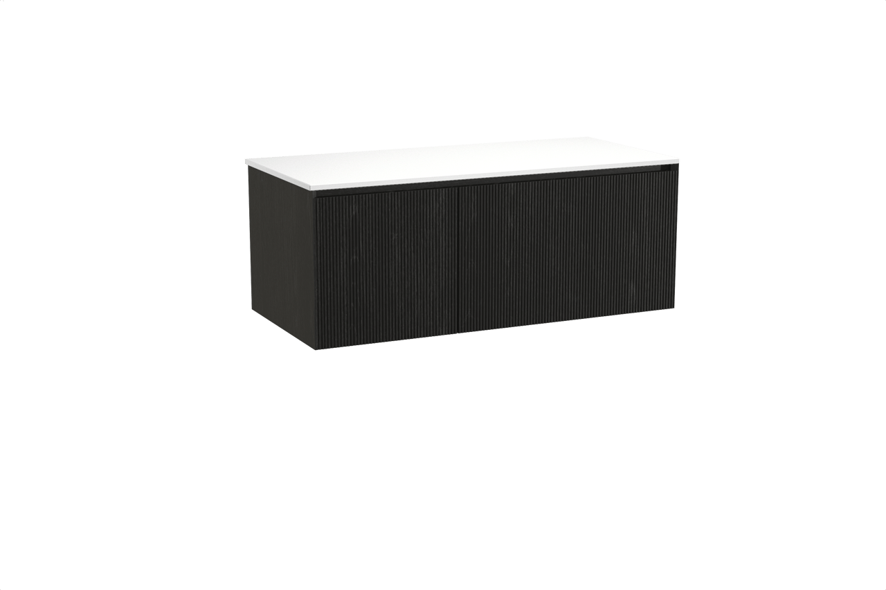 Balmani Fila hängendes Möbelstück Set: 120 x 55 cm, Schwarze Eiche, mit Stretto Einzel- oder Doppel Waschtischplatte, Solid Surface, Weiß matt, Vertikale symmetrische gerade Rippe