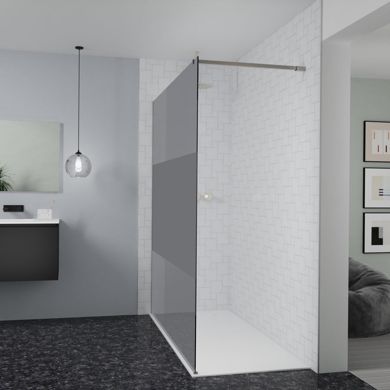 Balmani Modular douche à l'italienne: 180 x 200 cm, Verre fumé avec bande matte, Profil Brushed CoolMetal