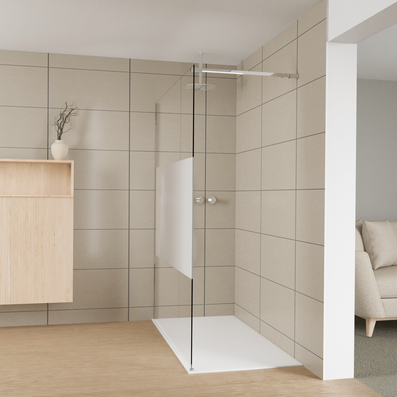 Balmani Modular Walk-In Dusche: 160 x 200 cm, Klarglas mit mattiertem Streifen, inklusive Coating, Profil Chrom glänzend